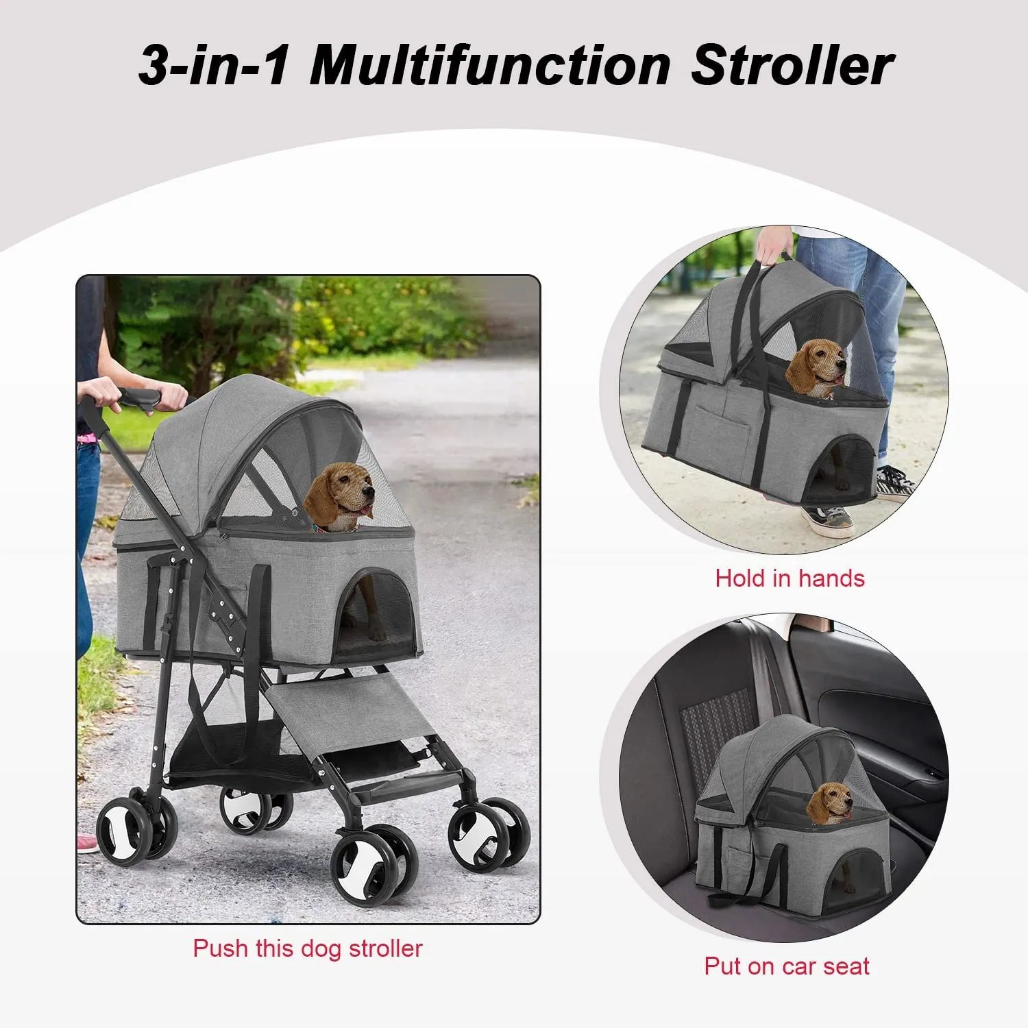 Pet Stroller Dog Strollers 3-in-1 Folding Cat Strollers for Small Dogs with Detachable Carrier, 4 Wheels Doggie Puppy Cart Lightweight for Travel, Grey
