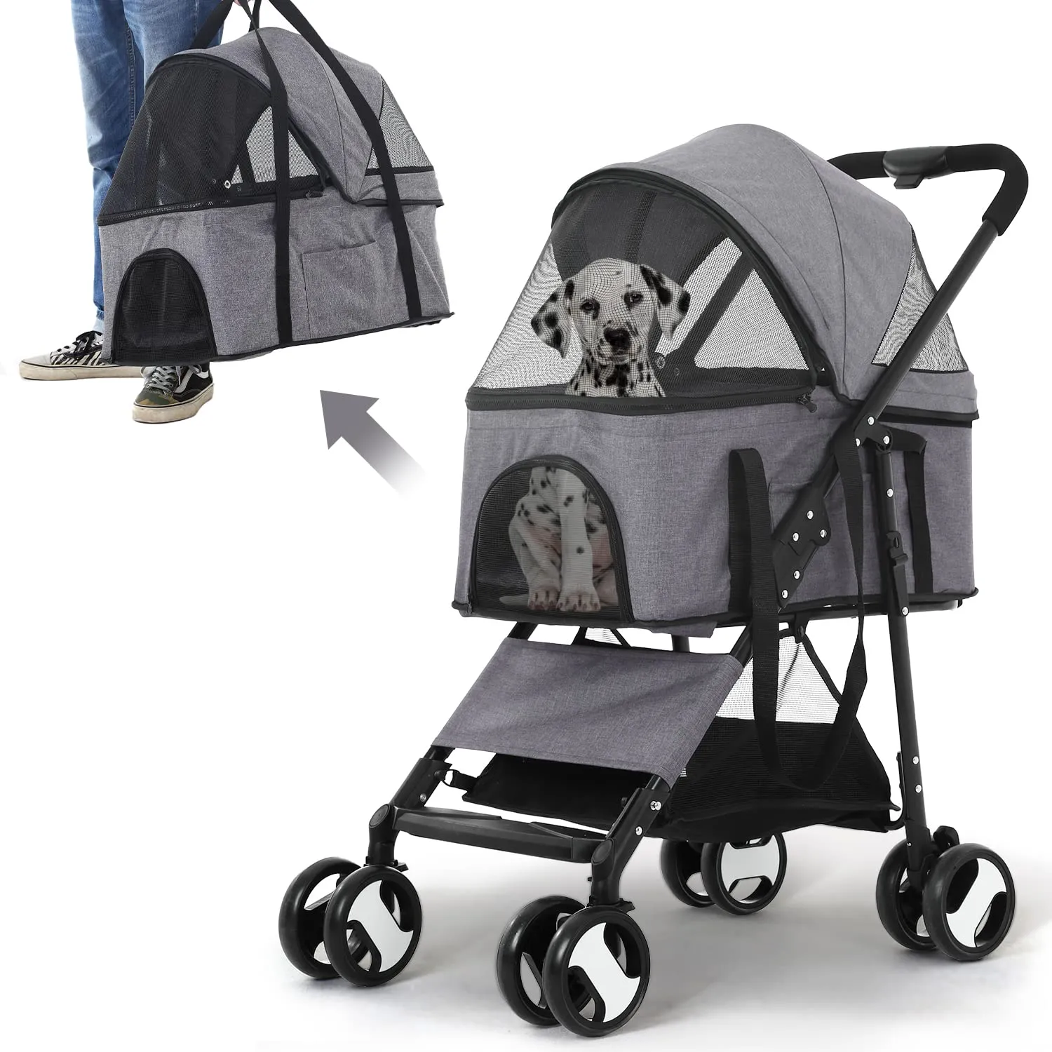 Pet Stroller Dog Strollers 3-in-1 Folding Cat Strollers for Small Dogs with Detachable Carrier, 4 Wheels Doggie Puppy Cart Lightweight for Travel, Grey