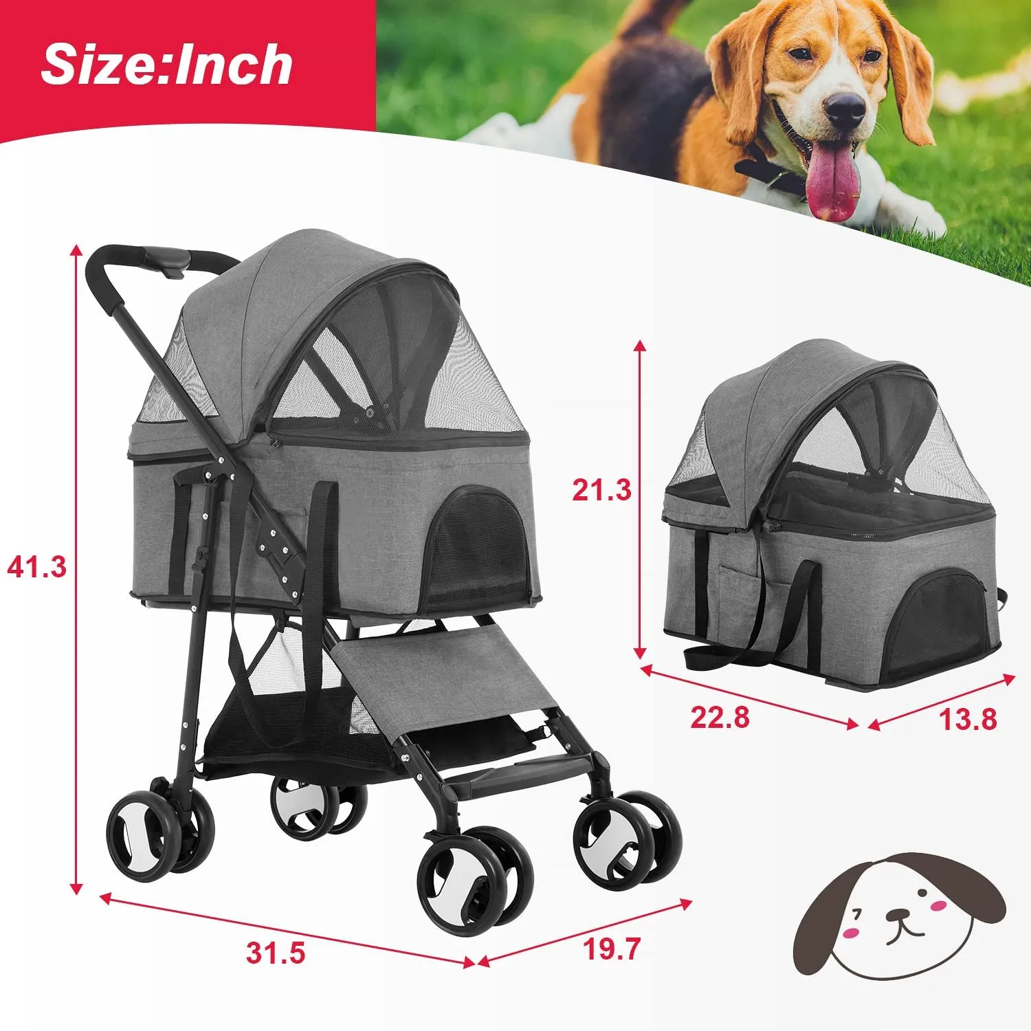 Pet Stroller Dog Strollers 3-in-1 Folding Cat Strollers for Small Dogs with Detachable Carrier, 4 Wheels Doggie Puppy Cart Lightweight for Travel, Grey