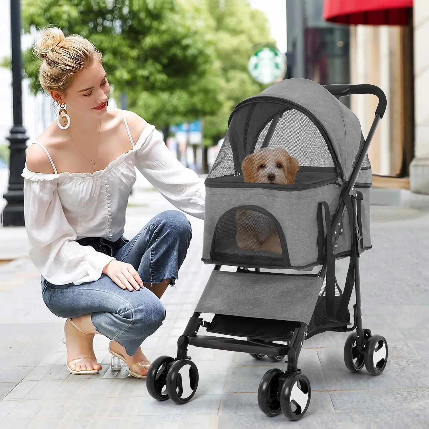 Pet Stroller Dog Strollers 3-in-1 Folding Cat Strollers for Small Dogs with Detachable Carrier, 4 Wheels Doggie Puppy Cart Lightweight for Travel, Grey