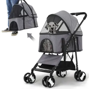 Pet Stroller Dog Strollers 3-in-1 Folding Cat Strollers for Small Dogs with Detachable Carrier, 4 Wheels Doggie Puppy Cart Lightweight for Travel, Grey