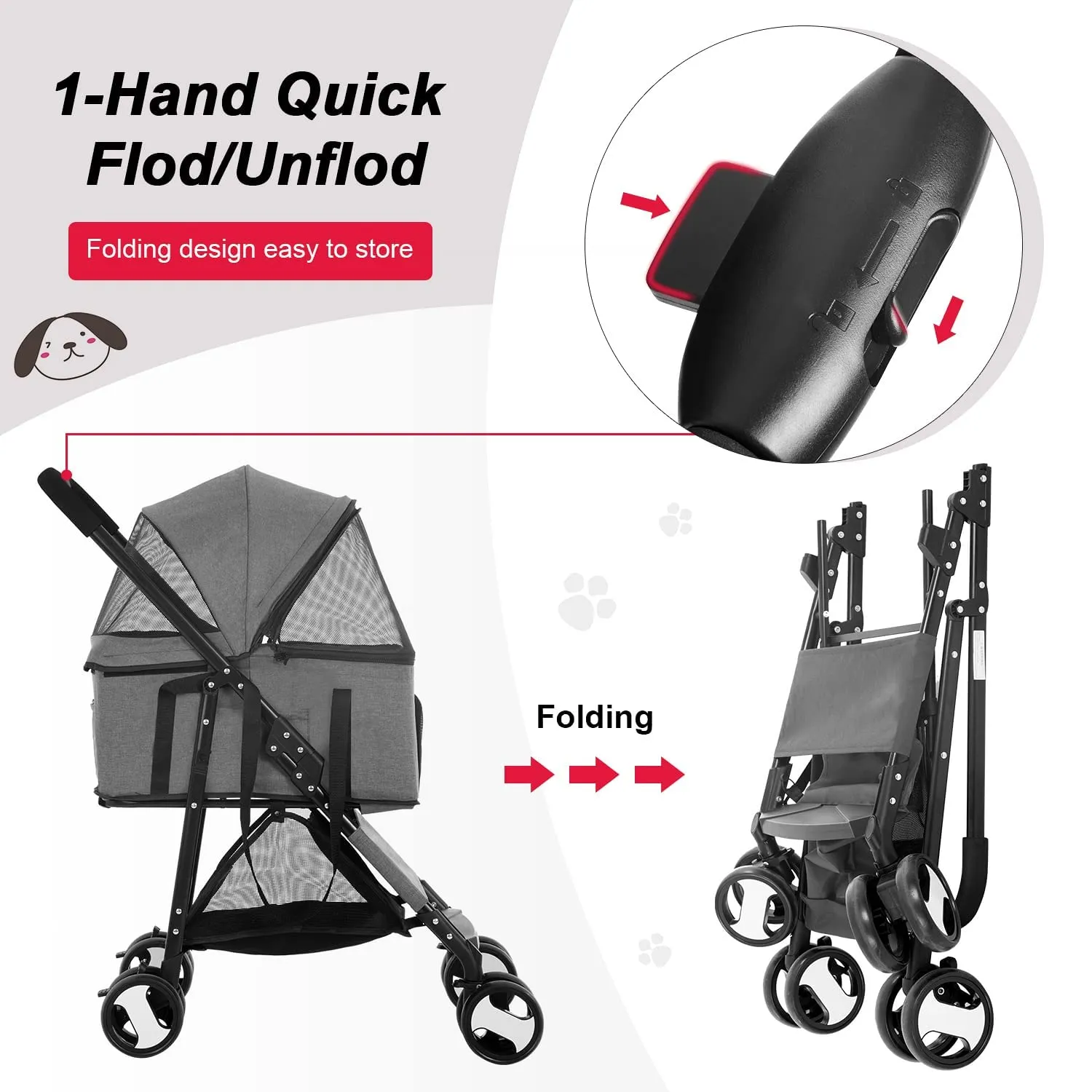 Pet Stroller Dog Strollers 3-in-1 Folding Cat Strollers for Small Dogs with Detachable Carrier, 4 Wheels Doggie Puppy Cart Lightweight for Travel, Grey