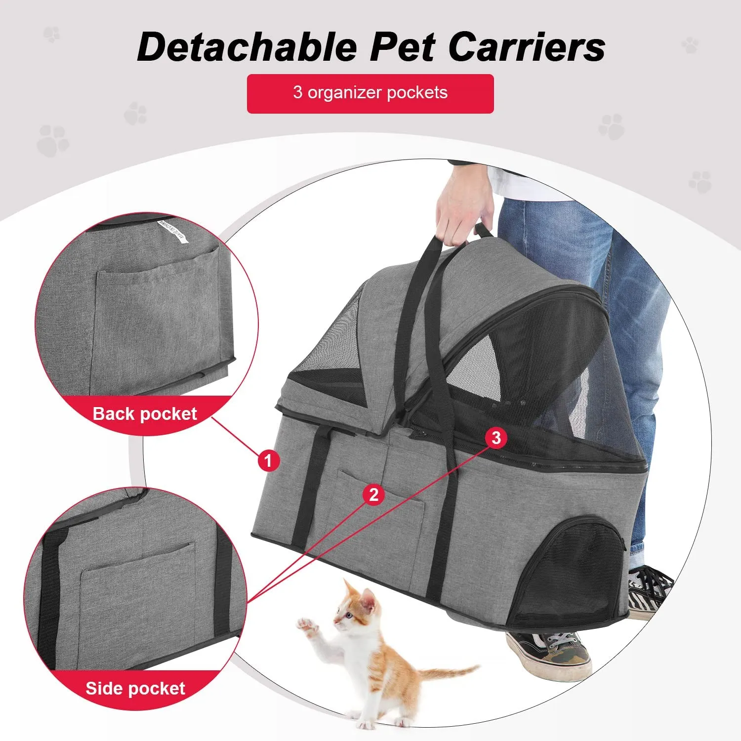 Pet Stroller Dog Strollers 3-in-1 Folding Cat Strollers for Small Dogs with Detachable Carrier, 4 Wheels Doggie Puppy Cart Lightweight for Travel, Grey