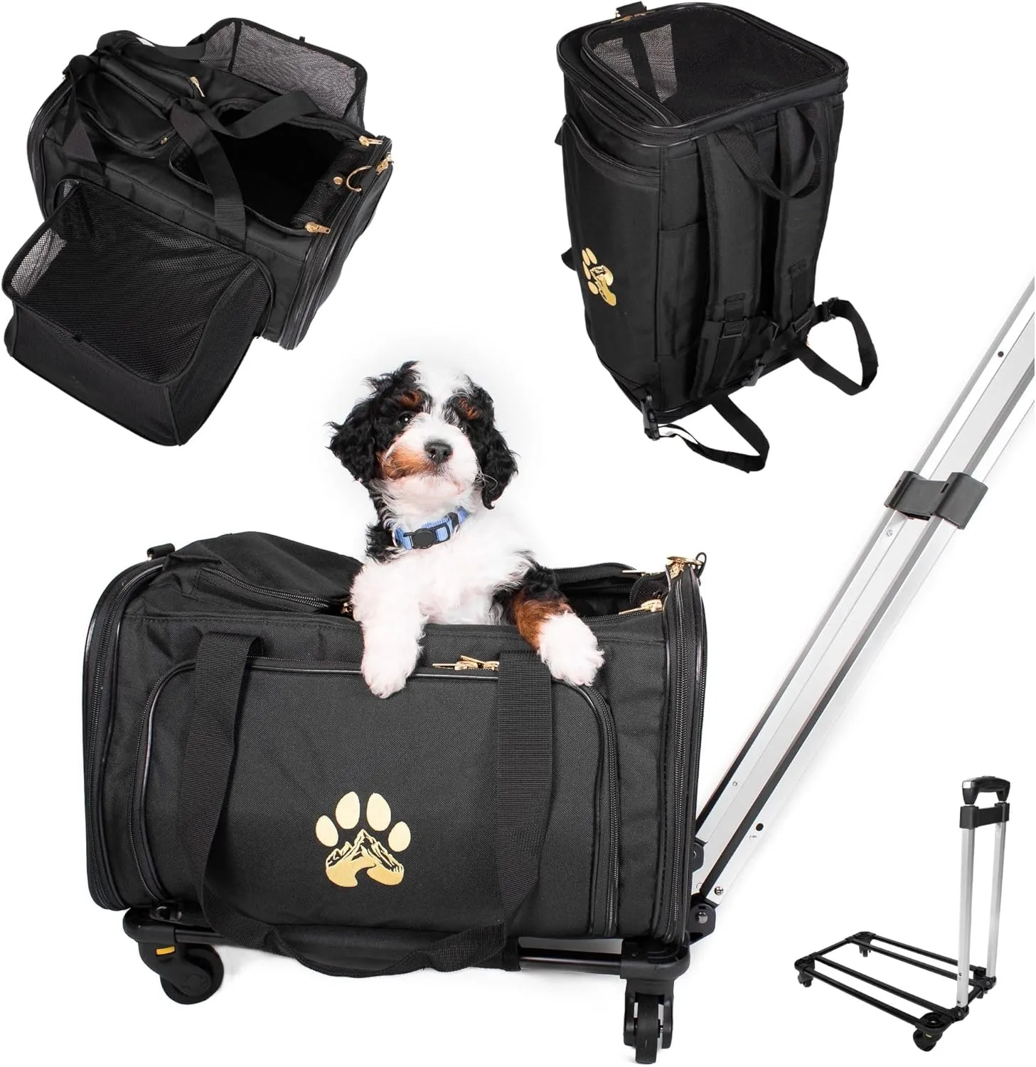 Pet Travel Carrier with Wheels - US Airline Compliant Stylish Pet Stroller Travel Bag for Small Dogs and Cats | Durable, Breathable & Expandable Design with Heavy Duty Wheels - Black