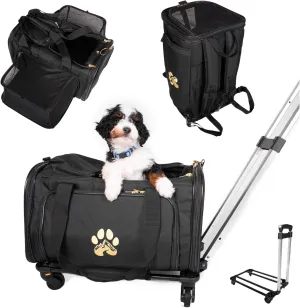 Pet Travel Carrier with Wheels - US Airline Compliant Stylish Pet Stroller Travel Bag for Small Dogs and Cats | Durable, Breathable & Expandable Design with Heavy Duty Wheels - Black