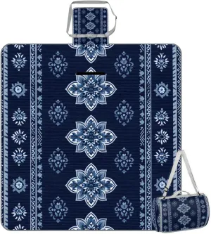 Picnic Blankets Waterproof Rug, 59*57inch Outdoor Camping Blanket Portable with Carry Strap, Packable Beach Blanket Sandproof, Family Camping Mat for Grass Concert, Park (Tribal-floral Vintage Blue)
