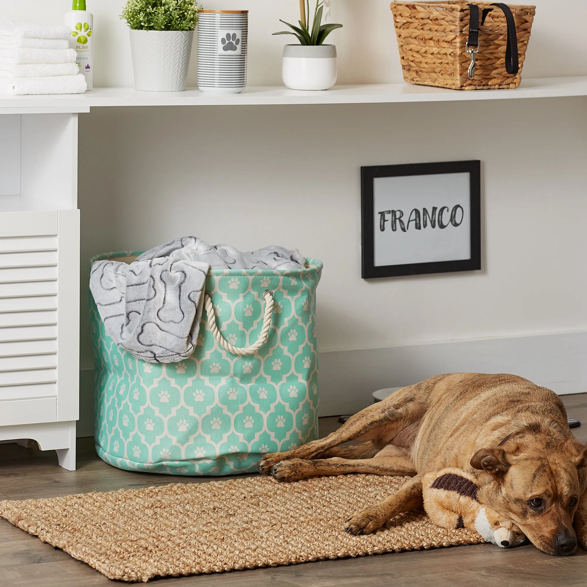 Polyester Pet Bin Lattice Paw Aqua Round Large 15X18X18
