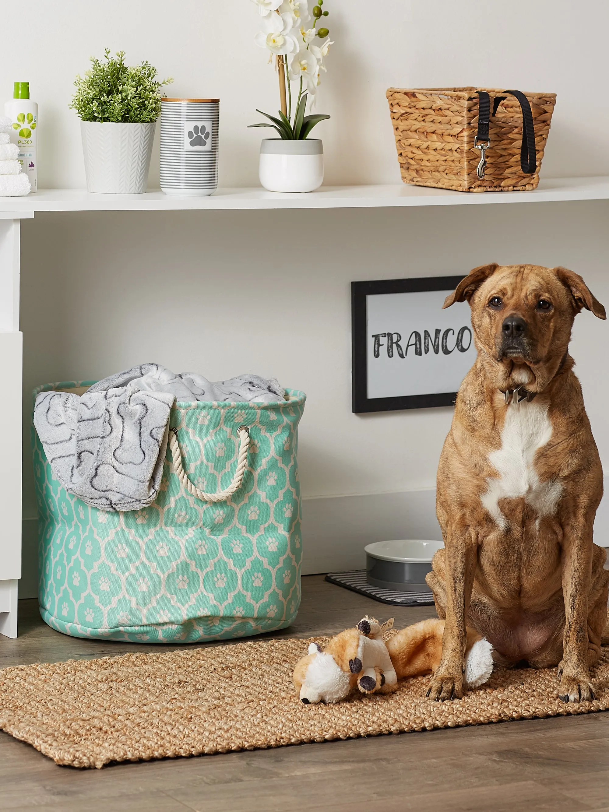 Polyester Pet Bin Lattice Paw Aqua Round Large 15X18X18