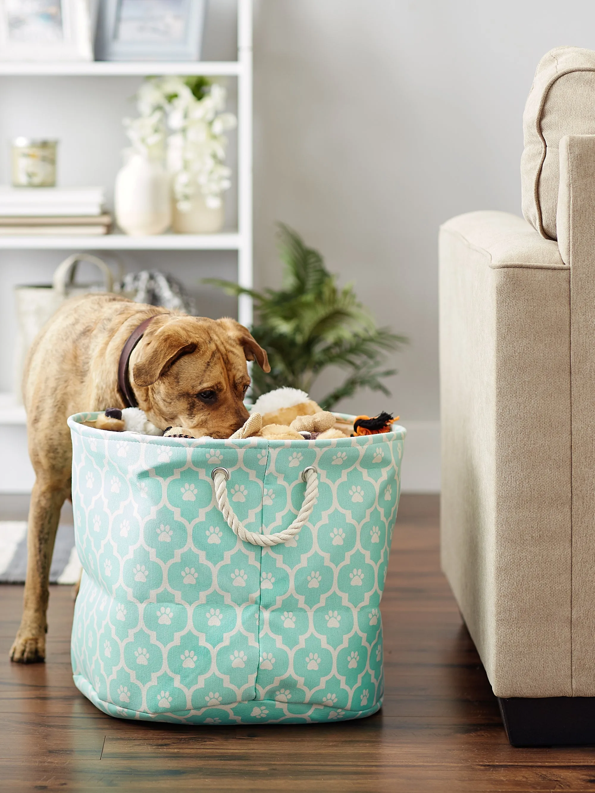 Polyester Pet Bin Lattice Paw Aqua Round Large 15X18X18