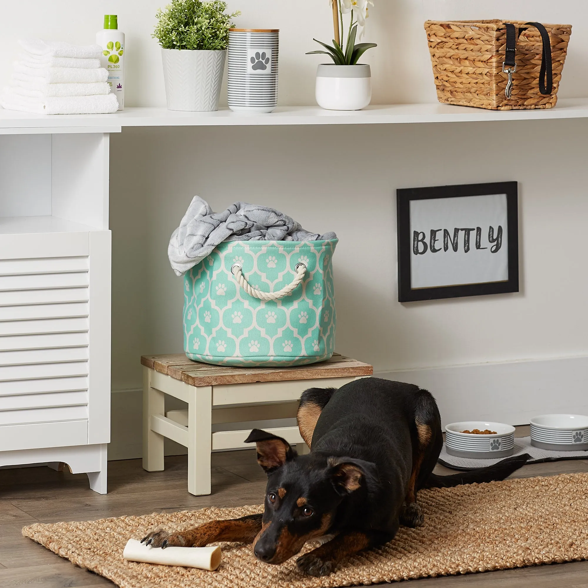 Polyester Pet Bin Lattice Paw Aqua Round Small 9X12X12