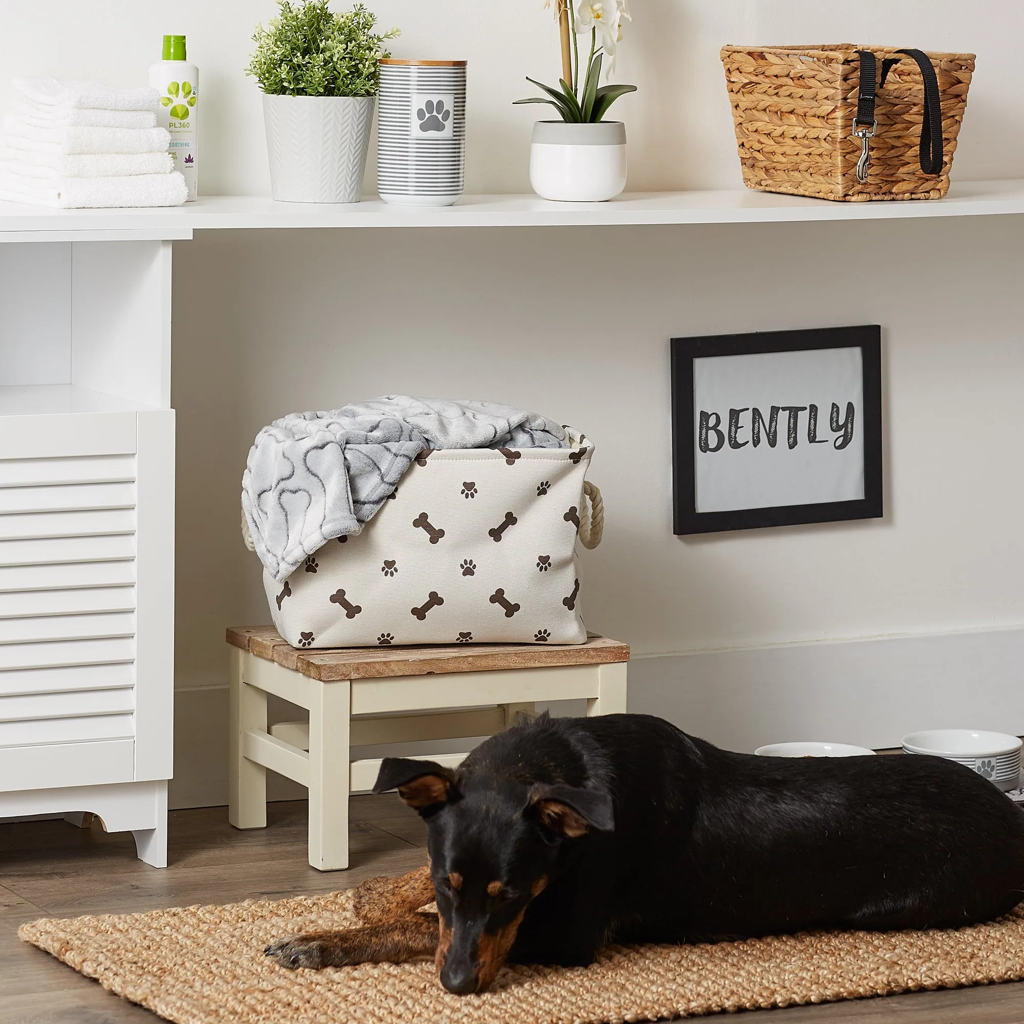 Polyester Pet Bin Paw/Bone Dark Brown Rectangle Small 14X8X9