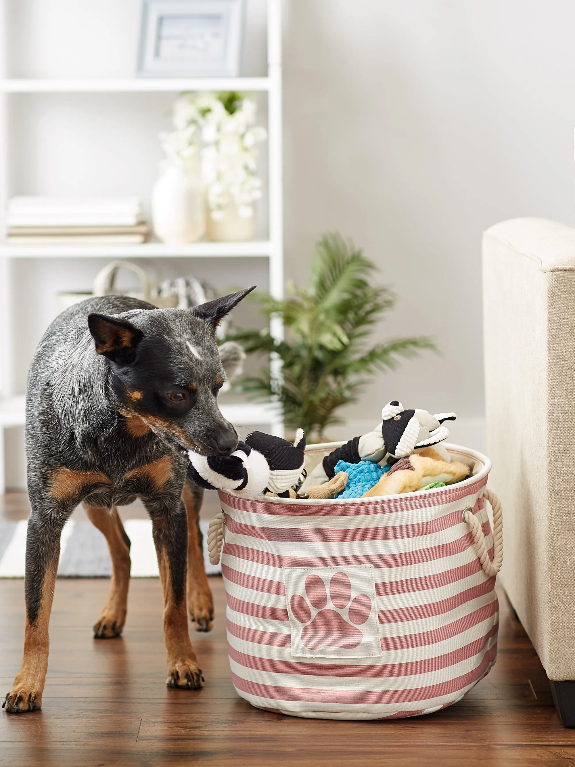 Polyester Pet Bin Stripe With Paw Patch Rose Round Medium 12X15X15