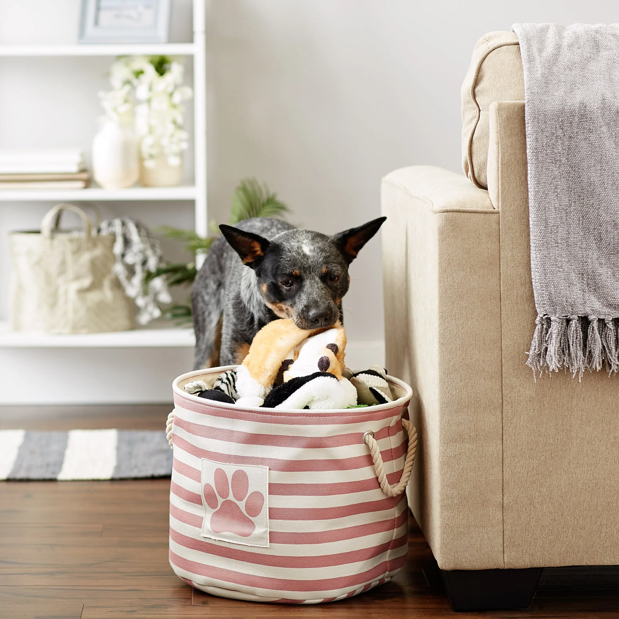 Polyester Pet Bin Stripe With Paw Patch Rose Round Medium 12X15X15
