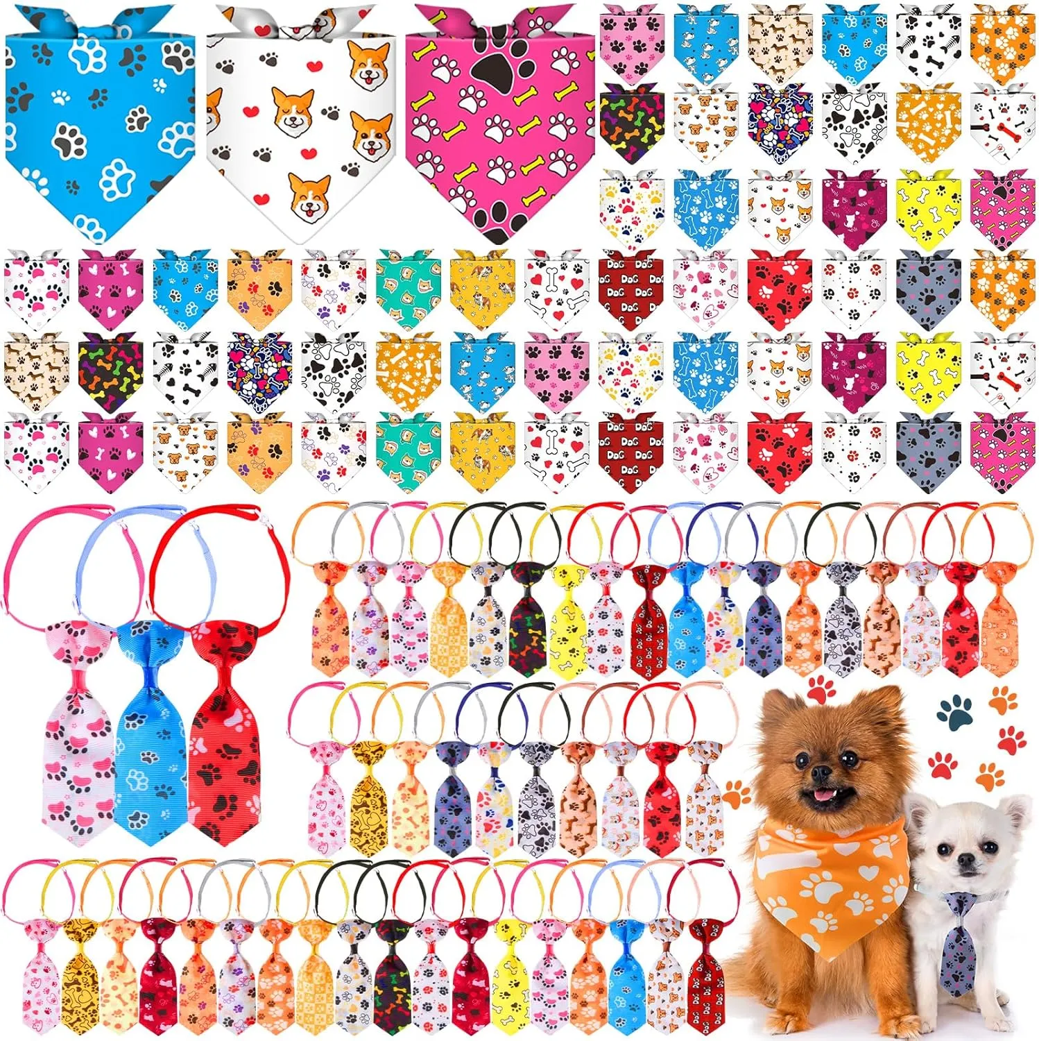 Reginary 108 Pcs Dog Bandanas and Neck Ties Set Bulk Adjustable Pet Scarfs with Bone and Paw Print for Small Dogs and Cats Summer Washable Puppy Triangle Kerchiefs for Grooming Birthday Party