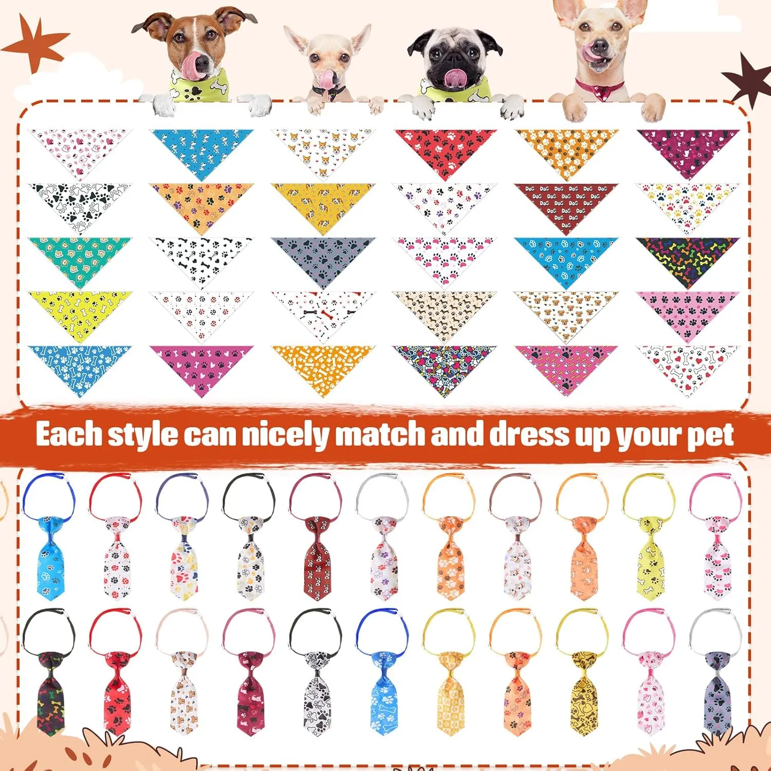 Reginary 108 Pcs Dog Bandanas and Neck Ties Set Bulk Adjustable Pet Scarfs with Bone and Paw Print for Small Dogs and Cats Summer Washable Puppy Triangle Kerchiefs for Grooming Birthday Party