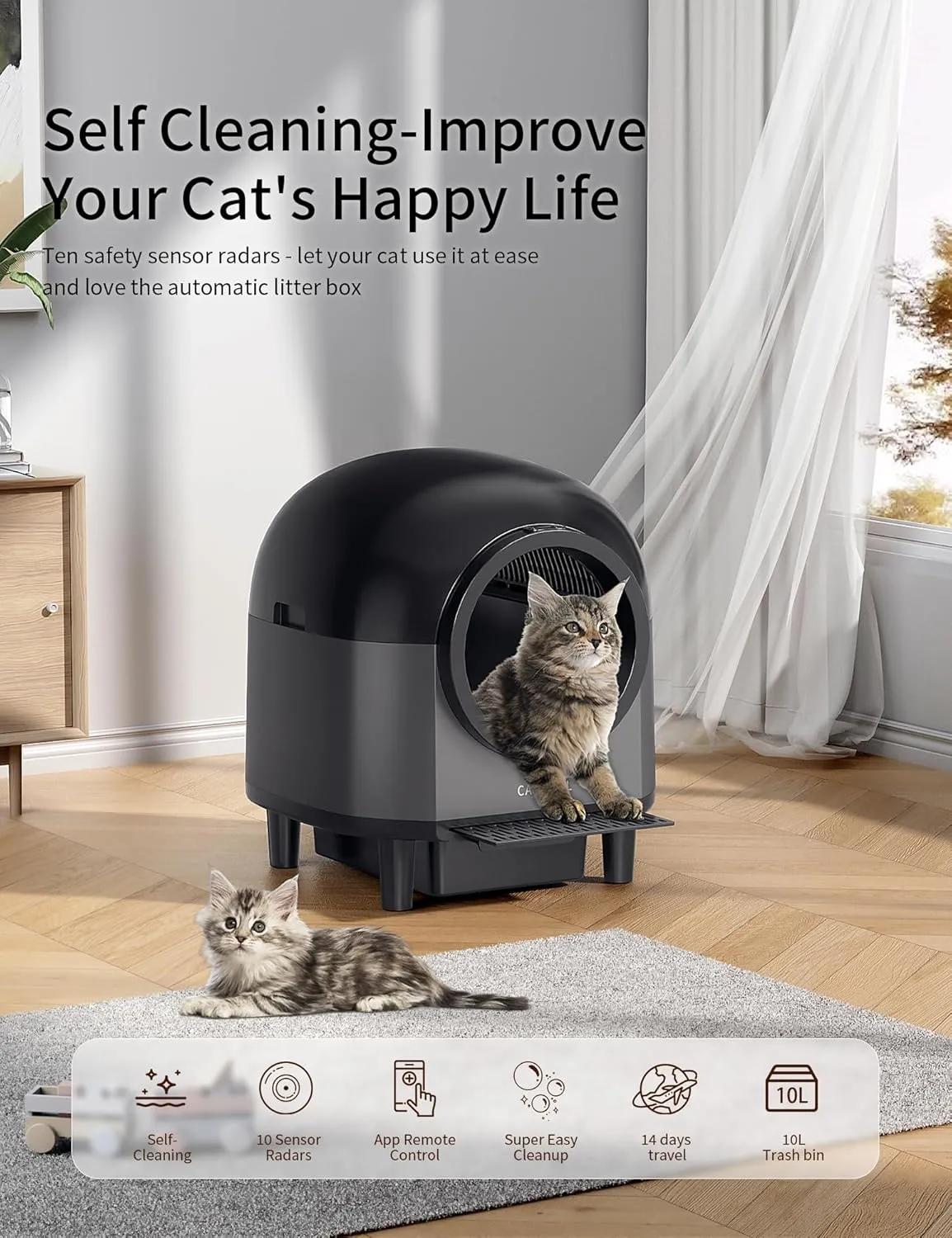 Smart Cat Litter Box Self Cleaning with Stairs,100L Automatic Litter Box Can be Used for 14 Days,10 Safety Sensor Radars/Advanced Odor Control/APP-WiFi-Control (Black)