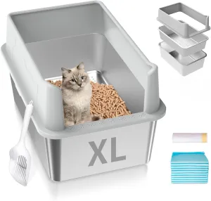 Stainless Steel Cat Litter Box with Lid, XL High Sided Metal Sifting Litter Box for Pine Pellets, Enclosed Sifting Box for Big Cats, Anti-Leakage, Easy Clean, Include Scoop, Liner, Pee Pad and Hook