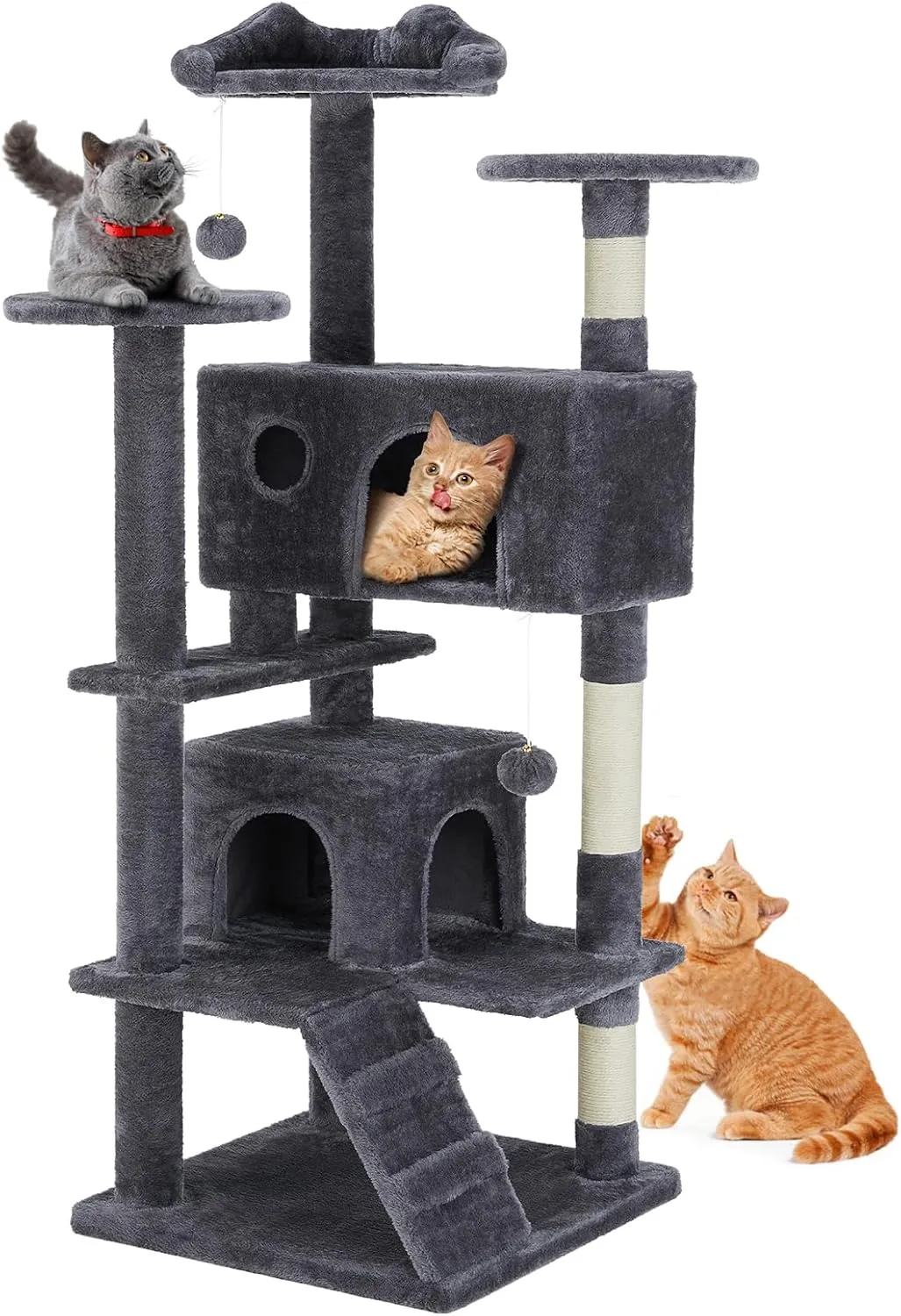 Sweetcrispy 54-Inch Cat Tree Tower  Multi-Level with Sisal Scratching Post, Perfect Pet Gift, Indoor Condo with Climbing Ladder, Plush Toy, and More Animal Stuff, Grey