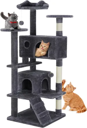 Sweetcrispy 54-Inch Cat Tree Tower  Multi-Level with Sisal Scratching Post, Perfect Pet Gift, Indoor Condo with Climbing Ladder, Plush Toy, and More Animal Stuff, Grey