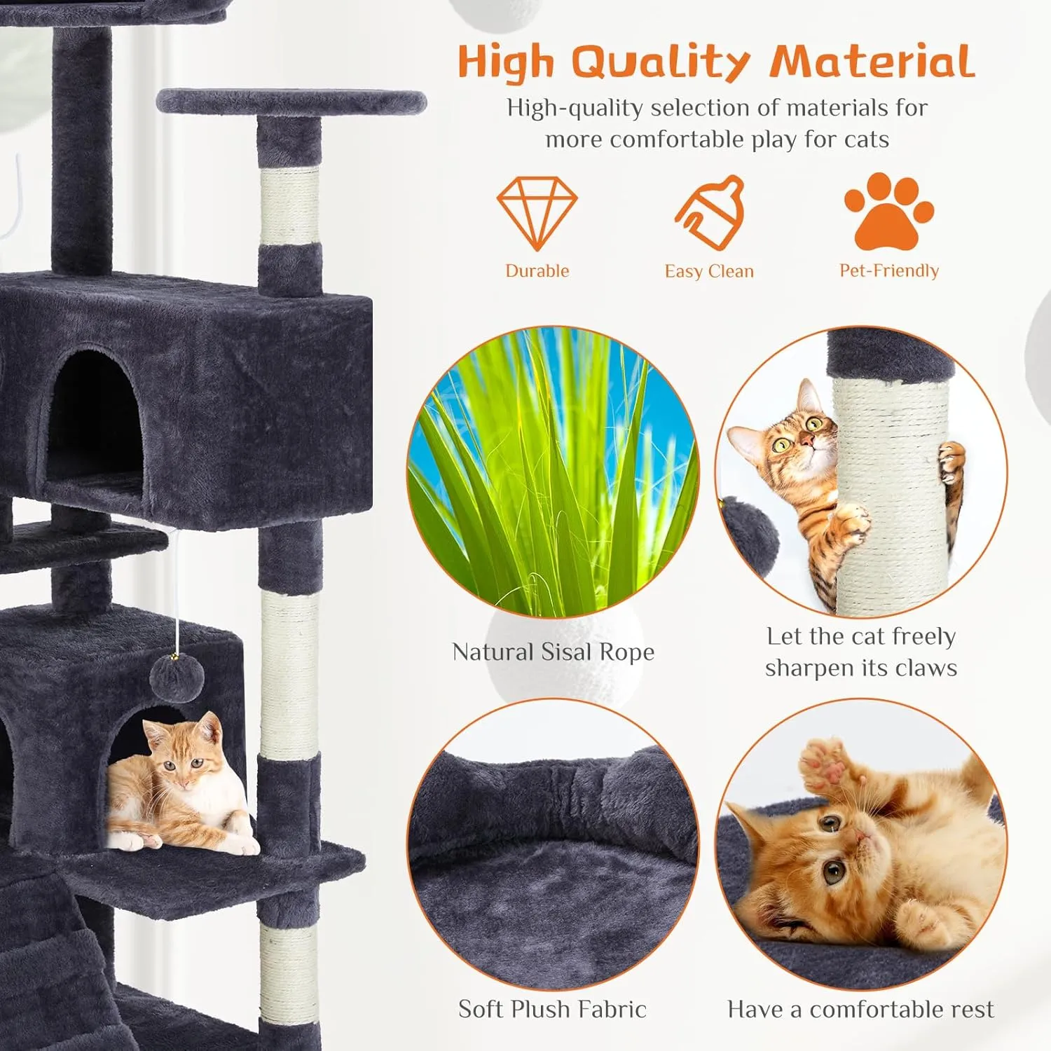 Sweetcrispy 54-Inch Cat Tree Tower  Multi-Level with Sisal Scratching Post, Perfect Pet Gift, Indoor Condo with Climbing Ladder, Plush Toy, and More Animal Stuff, Grey