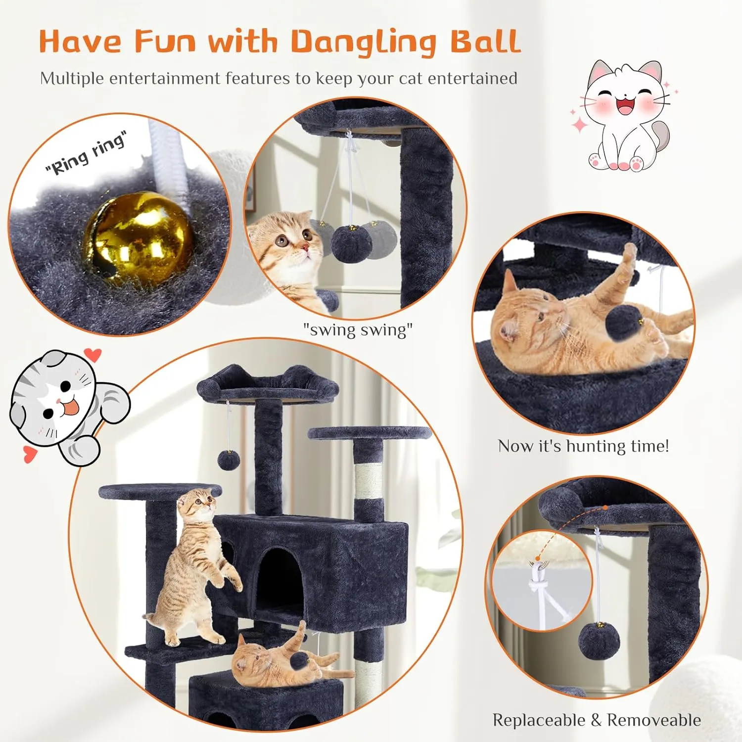 Sweetcrispy 54-Inch Cat Tree Tower  Multi-Level with Sisal Scratching Post, Perfect Pet Gift, Indoor Condo with Climbing Ladder, Plush Toy, and More Animal Stuff, Grey