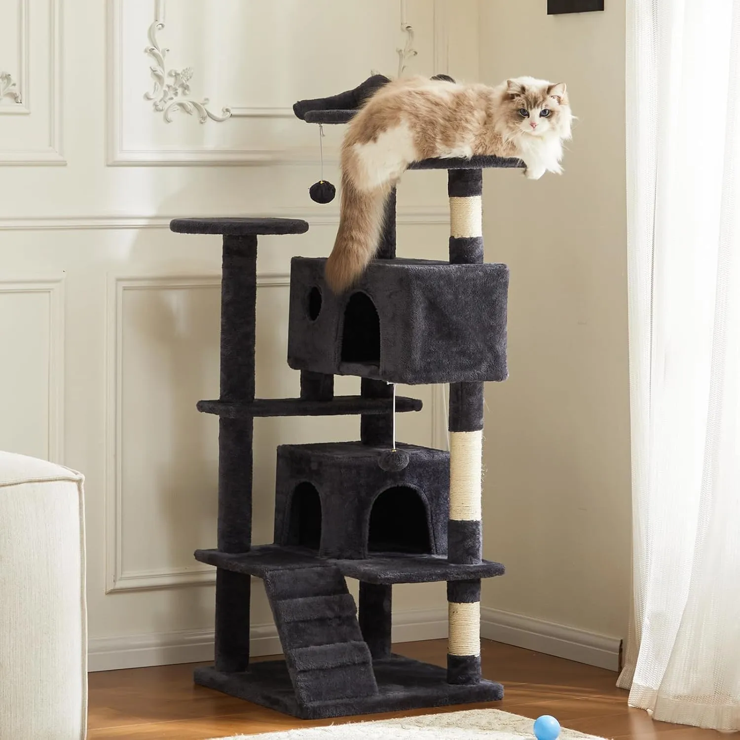 Sweetcrispy 54-Inch Cat Tree Tower  Multi-Level with Sisal Scratching Post, Perfect Pet Gift, Indoor Condo with Climbing Ladder, Plush Toy, and More Animal Stuff, Grey