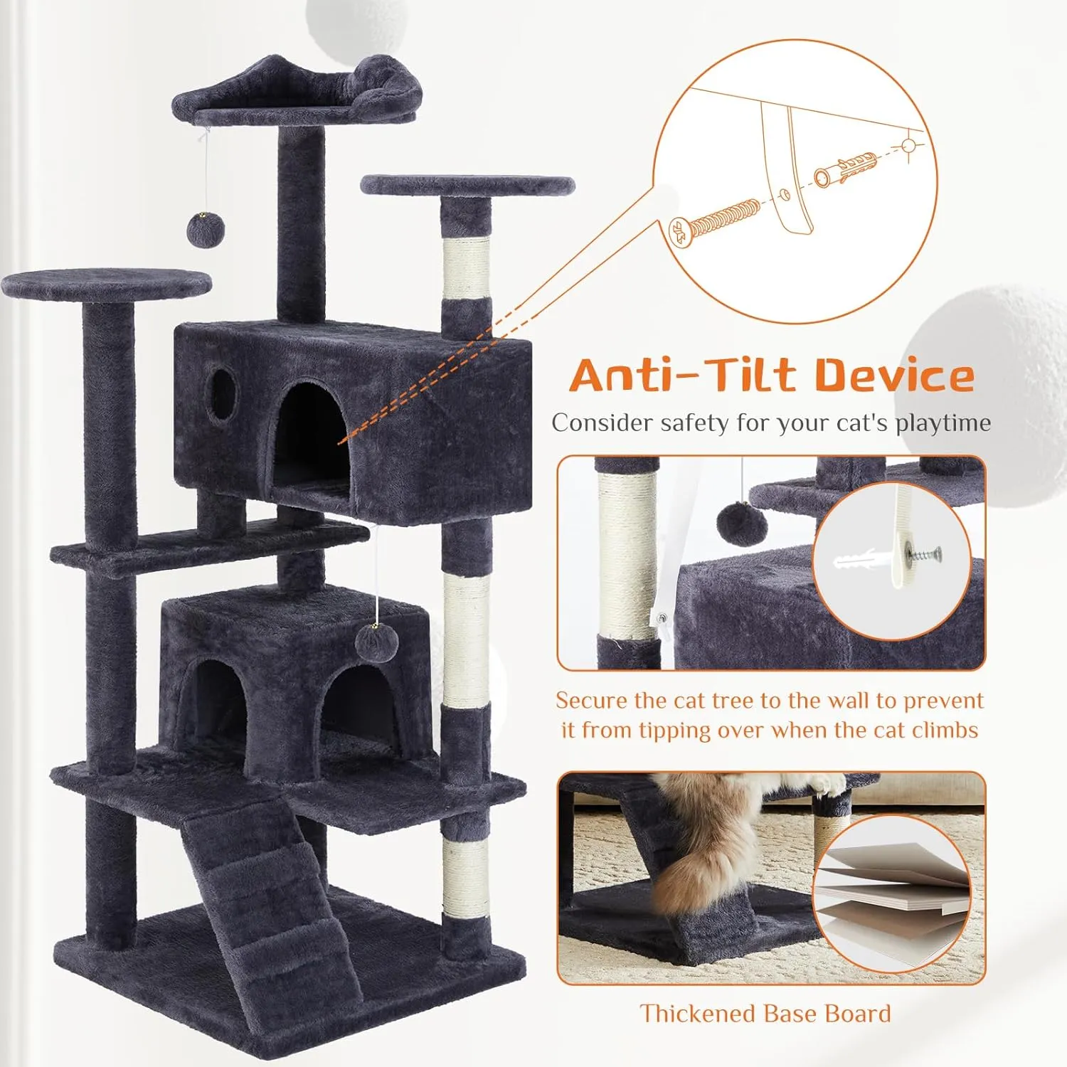 Sweetcrispy 54-Inch Cat Tree Tower  Multi-Level with Sisal Scratching Post, Perfect Pet Gift, Indoor Condo with Climbing Ladder, Plush Toy, and More Animal Stuff, Grey