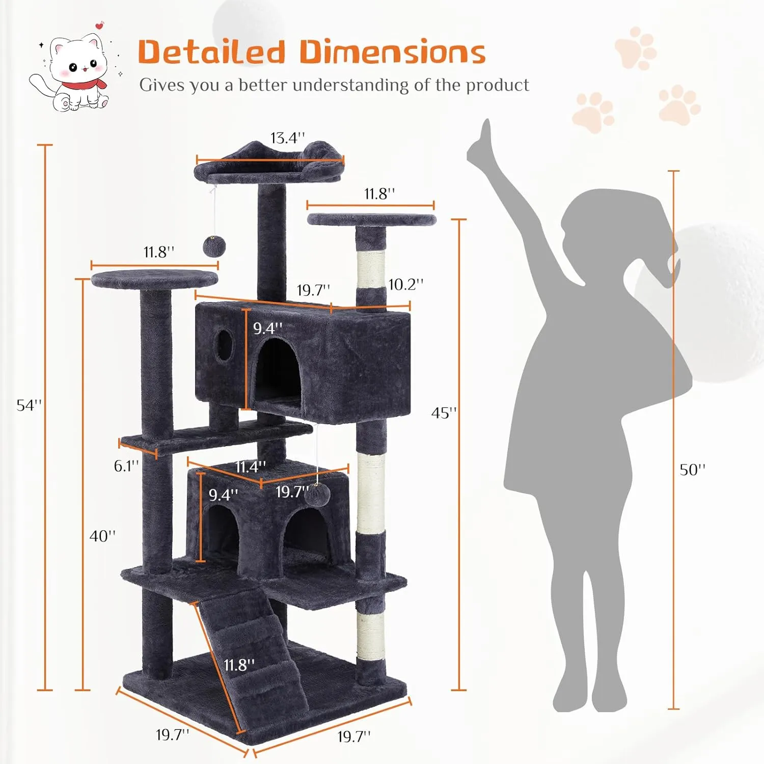 Sweetcrispy 54-Inch Cat Tree Tower  Multi-Level with Sisal Scratching Post, Perfect Pet Gift, Indoor Condo with Climbing Ladder, Plush Toy, and More Animal Stuff, Grey