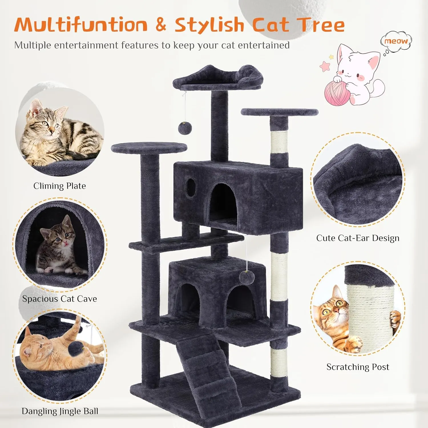 Sweetcrispy 54-Inch Cat Tree Tower  Multi-Level with Sisal Scratching Post, Perfect Pet Gift, Indoor Condo with Climbing Ladder, Plush Toy, and More Animal Stuff, Grey
