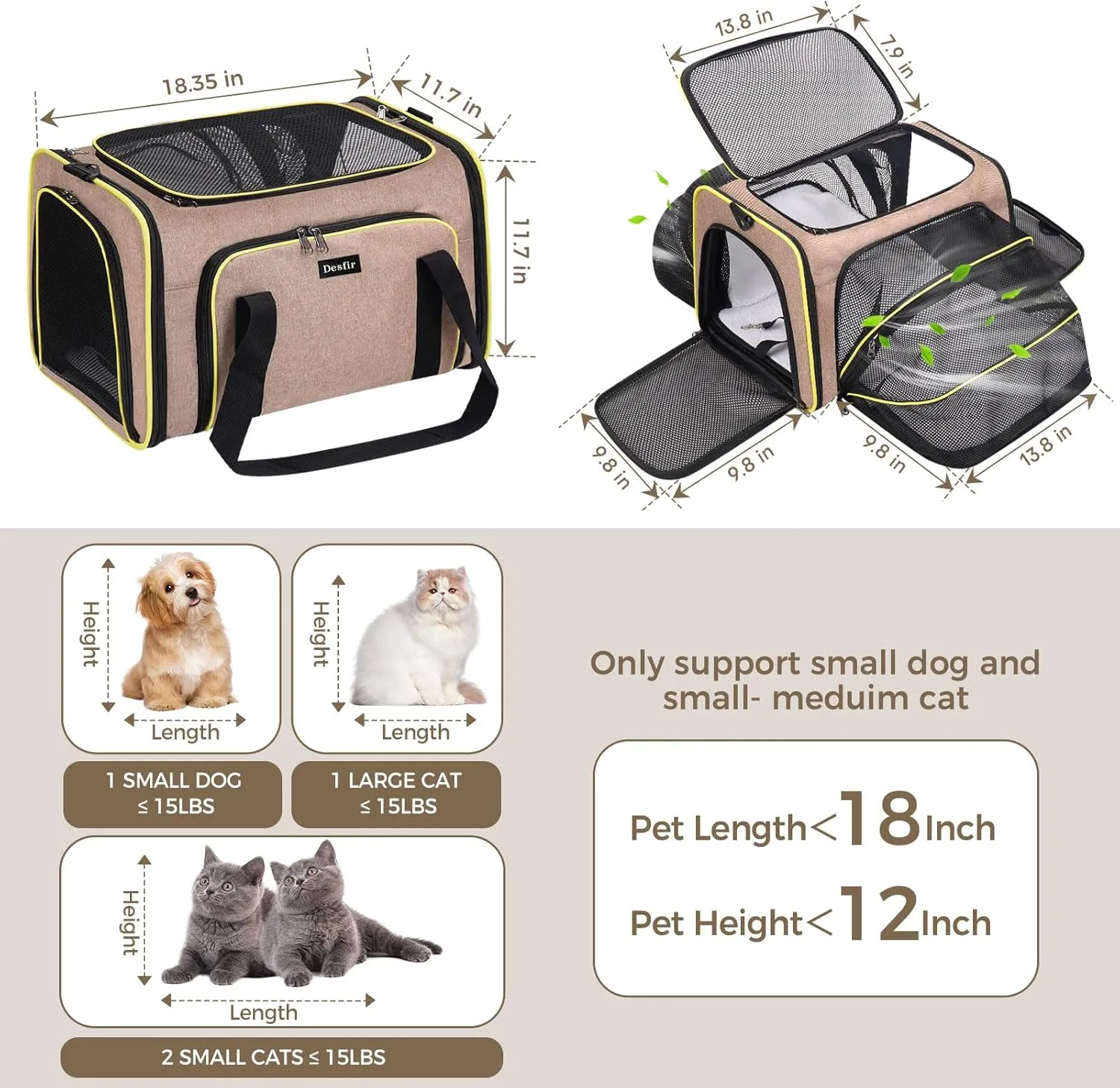 Travel Cat Dog Carrier for Puppies up to15 Lbs-Airline Approved Expandable Soft - Sided Pet Carriers with Removable Fleece Pad & Collapsible,Secure Storage