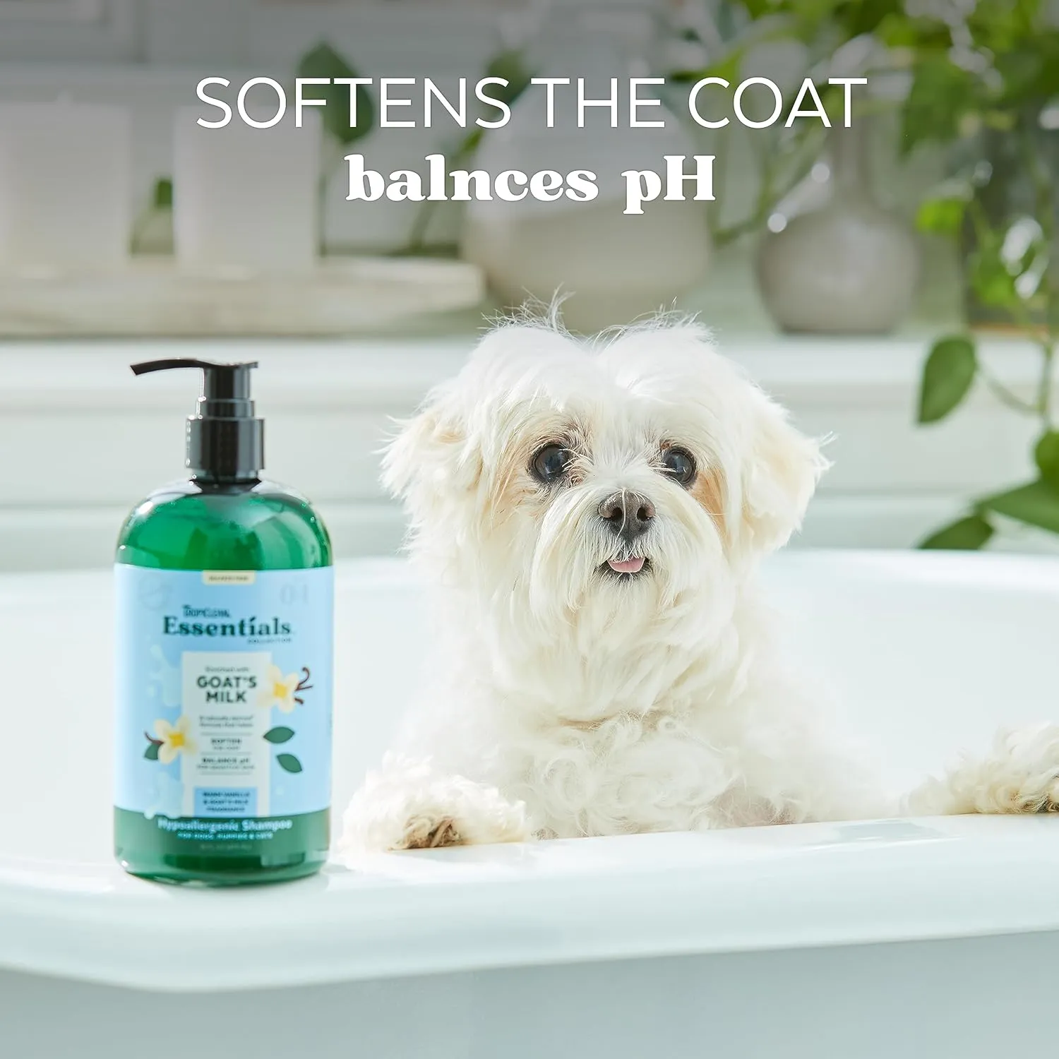 TropiClean Essentials Goat's Milk Hypoallergenic Shampoo for Dogs, Puppies, & Cats - Soften The Coat - Balanced pH for Itchy & Sensitive Skin - Derived from Natural Ingredients