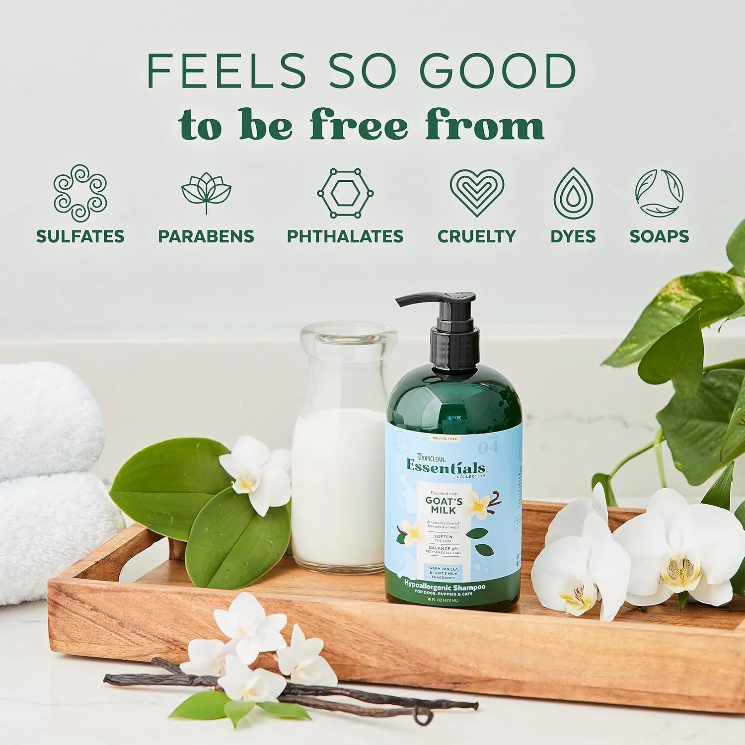 TropiClean Essentials Goat's Milk Hypoallergenic Shampoo for Dogs, Puppies, & Cats - Soften The Coat - Balanced pH for Itchy & Sensitive Skin - Derived from Natural Ingredients