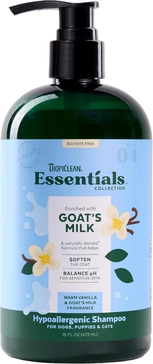 TropiClean Essentials Goat's Milk Hypoallergenic Shampoo for Dogs, Puppies, & Cats - Soften The Coat - Balanced pH for Itchy & Sensitive Skin - Derived from Natural Ingredients