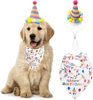 TSJ Dog Birthday Party Supplies Pet Mini Party Hat with Pom Poms Dog Birthday Bandana for Collar