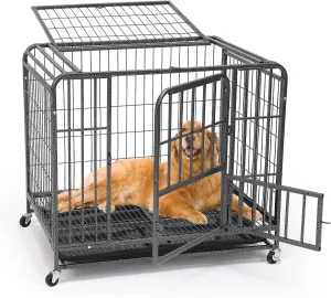 [Upgraded Anti-Rust] Heavy Duty Metal Dog Crate for Large Dogs  Extra Thick Steel Tube, Easy-Clean Deep Tray, 360 Smooth Wheels, Escape-Proof Lock (37/25/33-Inch)