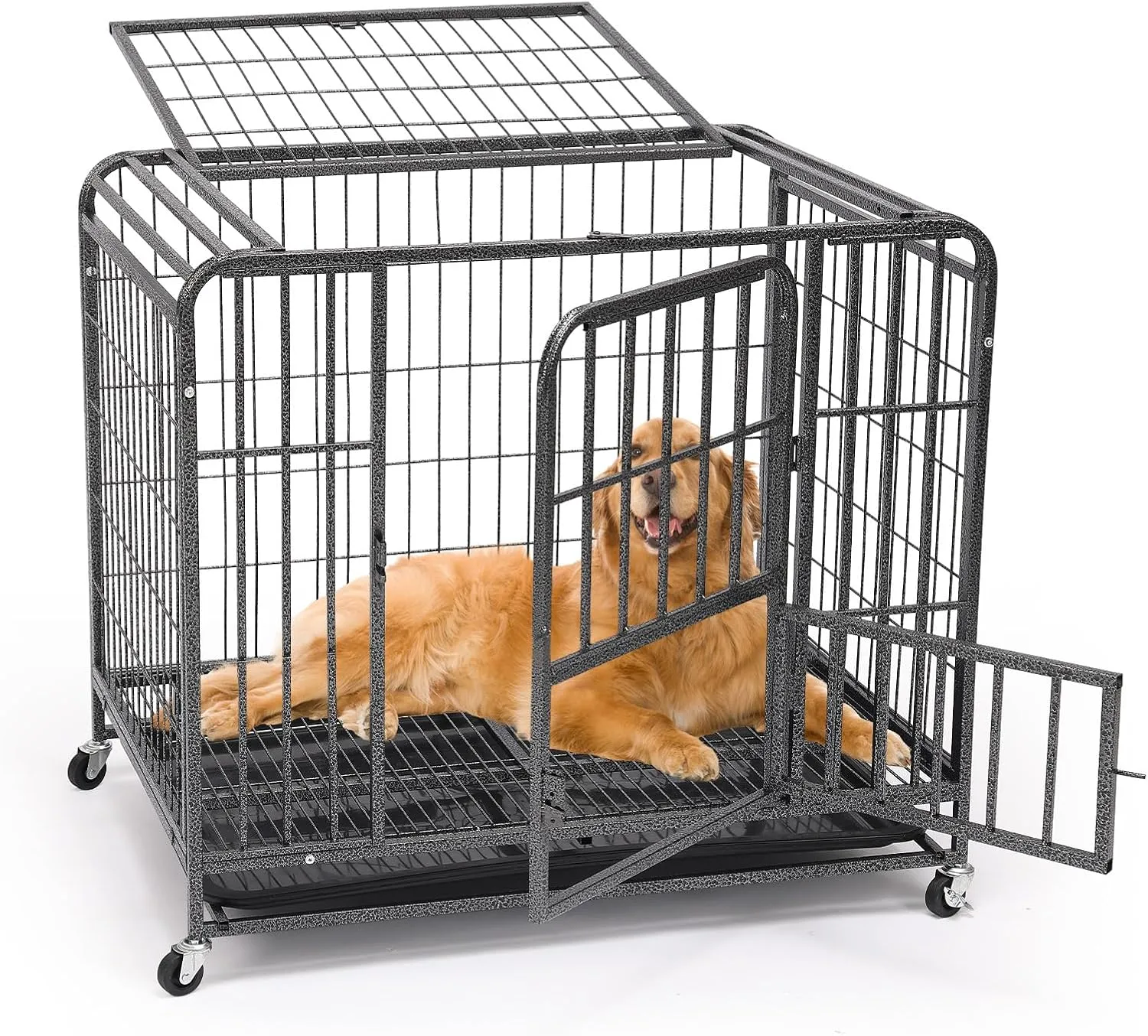 [Upgraded Anti-Rust] Heavy Duty Metal Dog Crate for Large Dogs  Extra Thick Steel Tube, Easy-Clean Deep Tray, 360 Smooth Wheels, Escape-Proof Lock (37/25/33-Inch)