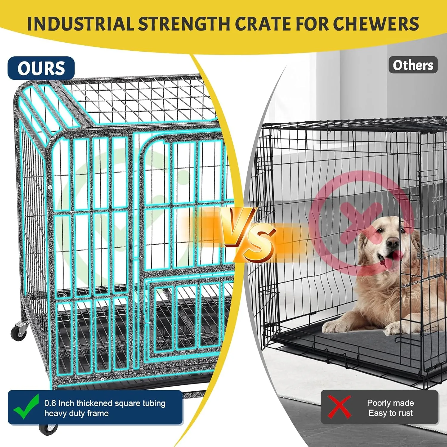 [Upgraded Anti-Rust] Heavy Duty Metal Dog Crate for Large Dogs  Extra Thick Steel Tube, Easy-Clean Deep Tray, 360 Smooth Wheels, Escape-Proof Lock (37/25/33-Inch)