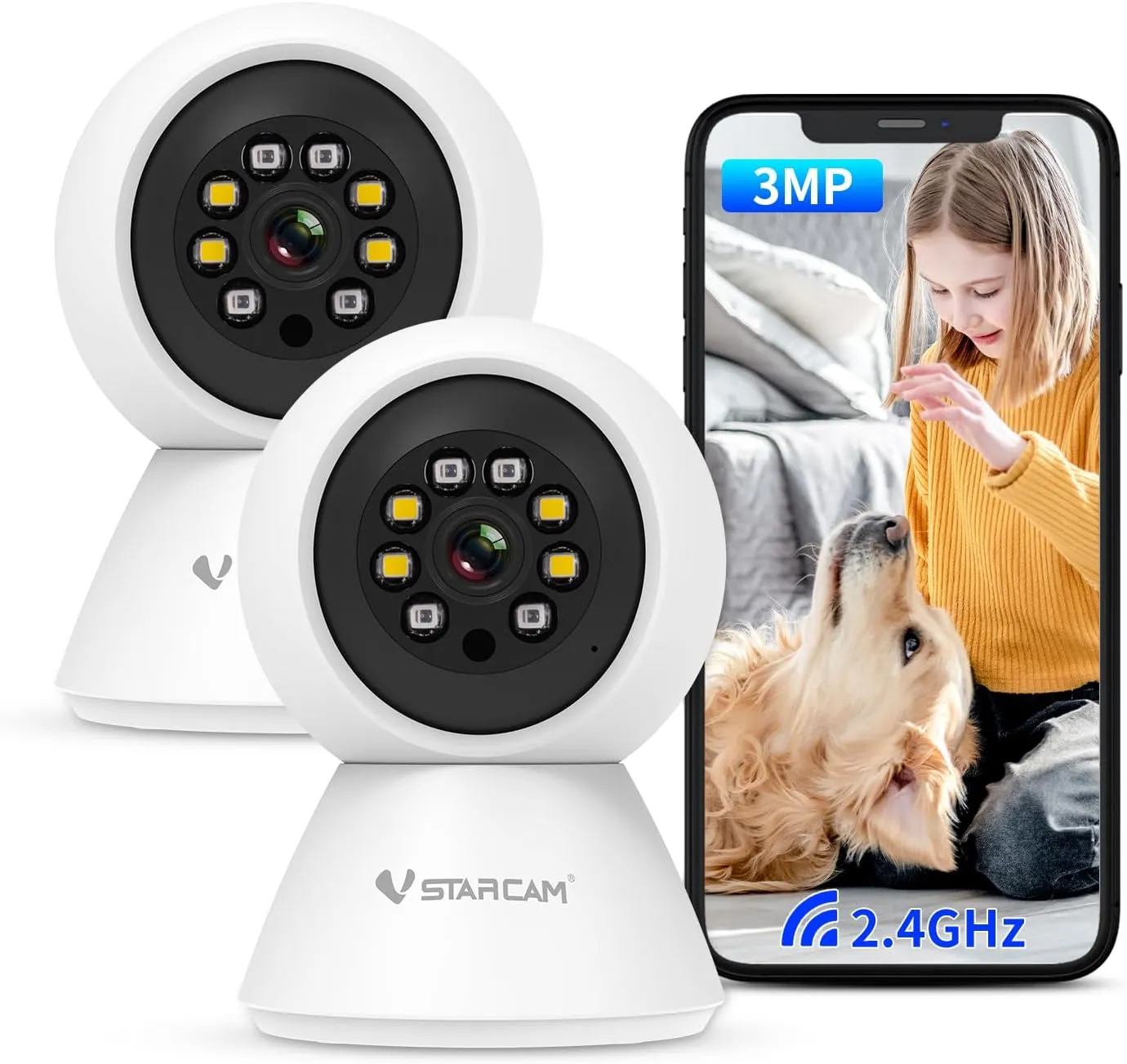 VSTARCAM 3MP Indoor Pet Camera, 2.4G WiFi Camera for Home Security Camera, Dog Camera with Phone APP, PIR Motion Detection, Color Night Vision, 2-Way Talking, for Baby/Pet/Elderly Care (2pk)