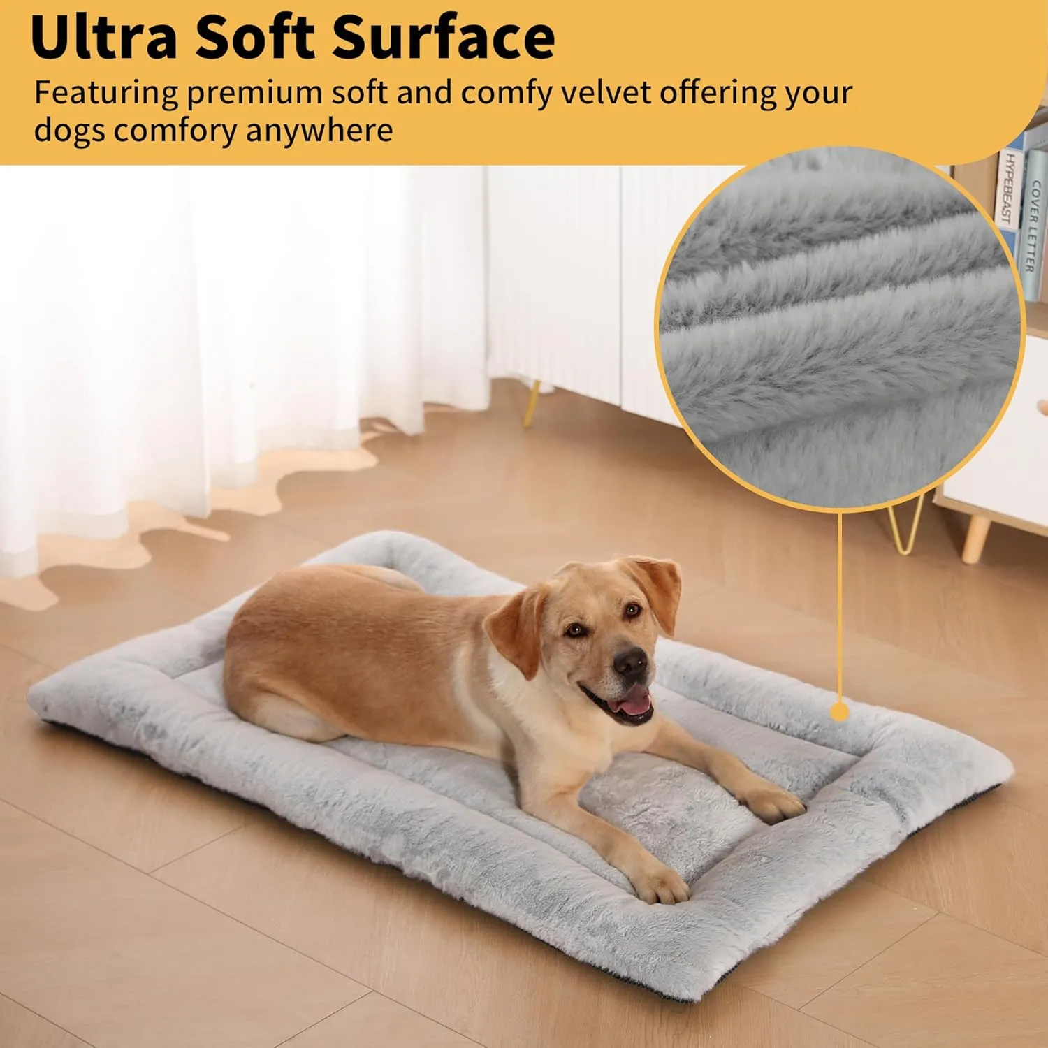 Washable Dog Crate Pad, Ultra Soft Dog Bed for Large Dogs, Anti-Slip Kennel Pad for Dogs Cozy Sleeping Mattress, Travel Flat Pet Beds for Indoor & Outdoor Pet (42" x 28", Grey