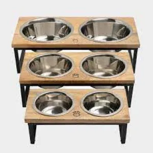 Wood & Metal Double Bowl Dog Feeder
