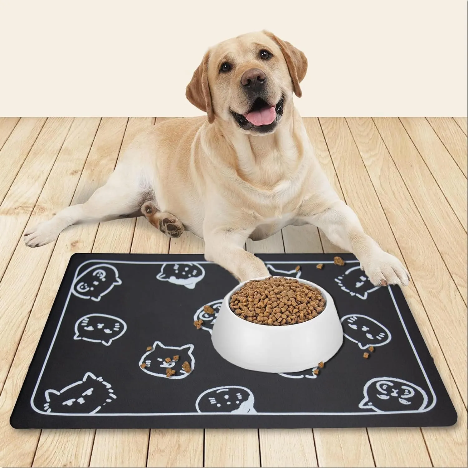 YCT Cat Food Mat for Pet Dogs - Non-Slip Super Absorbent, with Multiple Cat Heads Logo, 18.1 x 11.8 Inches, Black
