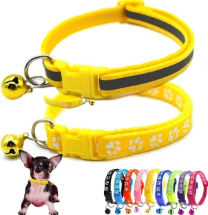 Yellow Dog Collar with Bell, 2-Pack Cat Collar with Bell Reflective Puppy Collar Nylon Soft Adjustable Buckle for XXS XSmall Extra Small Tiny Boy Girl Pets Female Kitten Yorkie Teacup Chihuahua Small