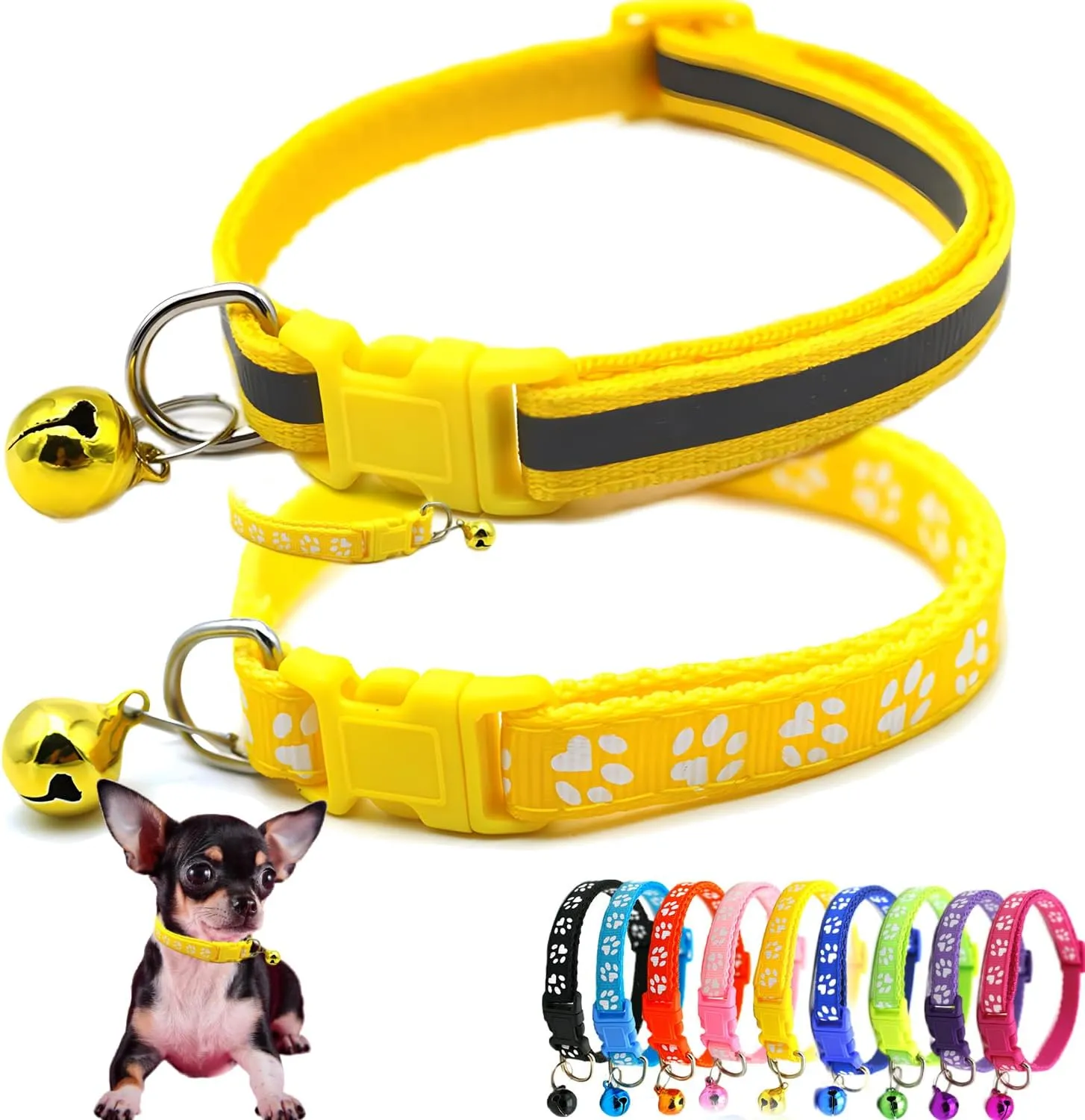 Yellow Dog Collar with Bell, 2-Pack Cat Collar with Bell Reflective Puppy Collar Nylon Soft Adjustable Buckle for XXS XSmall Extra Small Tiny Boy Girl Pets Female Kitten Yorkie Teacup Chihuahua Small