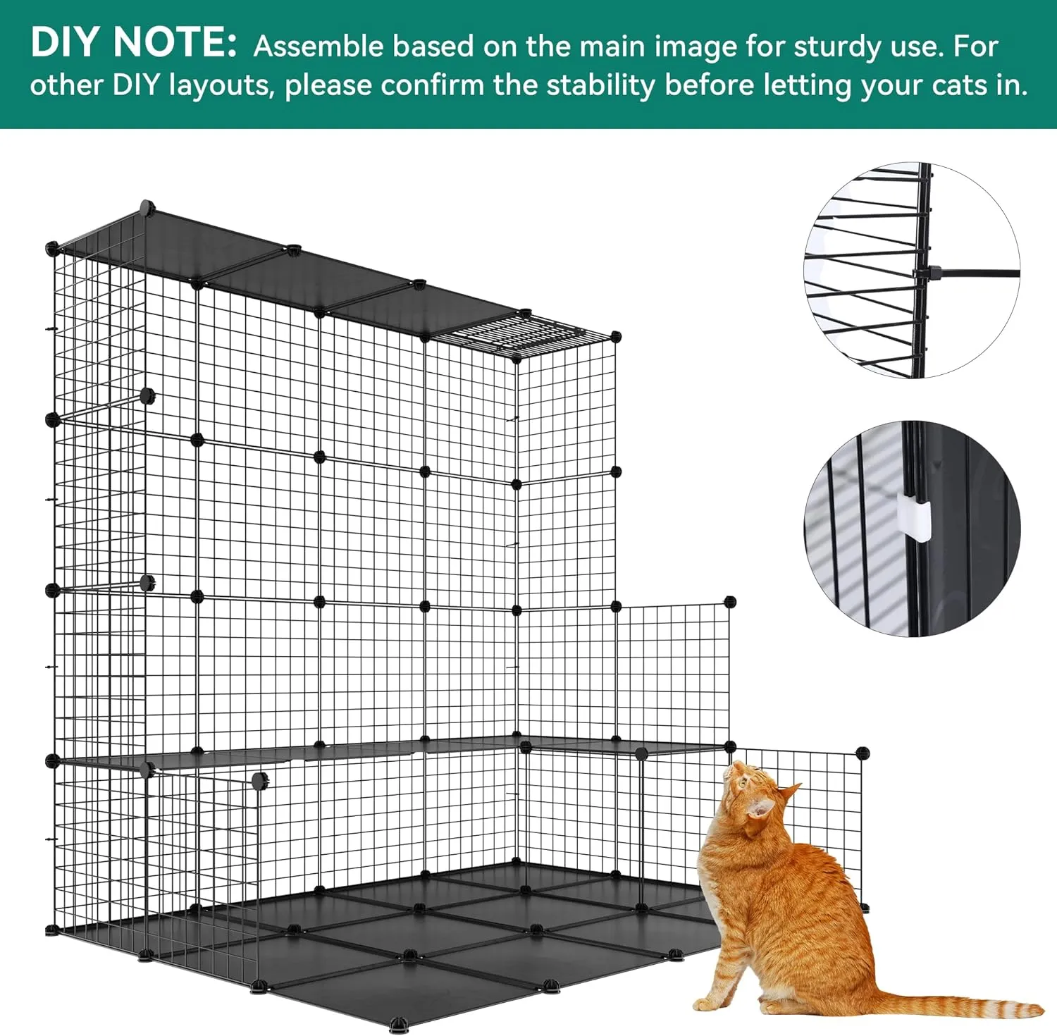 YITAHOME 2 Tier Large Indoor Cat Cage Crate, DIY Pet Playpen with Detachable Metal Wire, Kitten Kennel Condo with Ladder for Small Animals - Puppy Rabbit Bunny Squirrel, Black