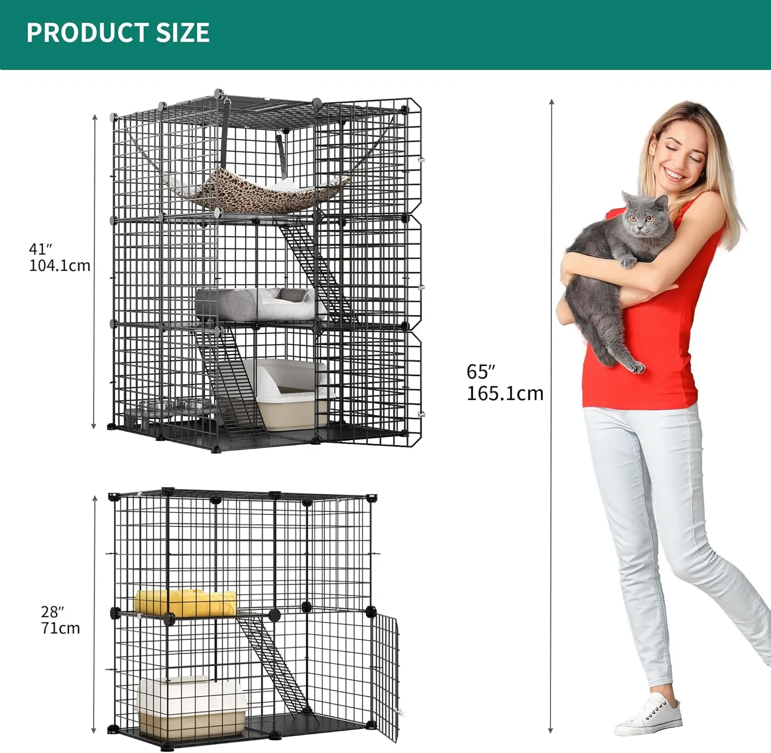 YITAHOME 2 Tier Large Indoor Cat Cage Crate, DIY Pet Playpen with Detachable Metal Wire, Kitten Kennel Condo with Ladder for Small Animals - Puppy Rabbit Bunny Squirrel, Black