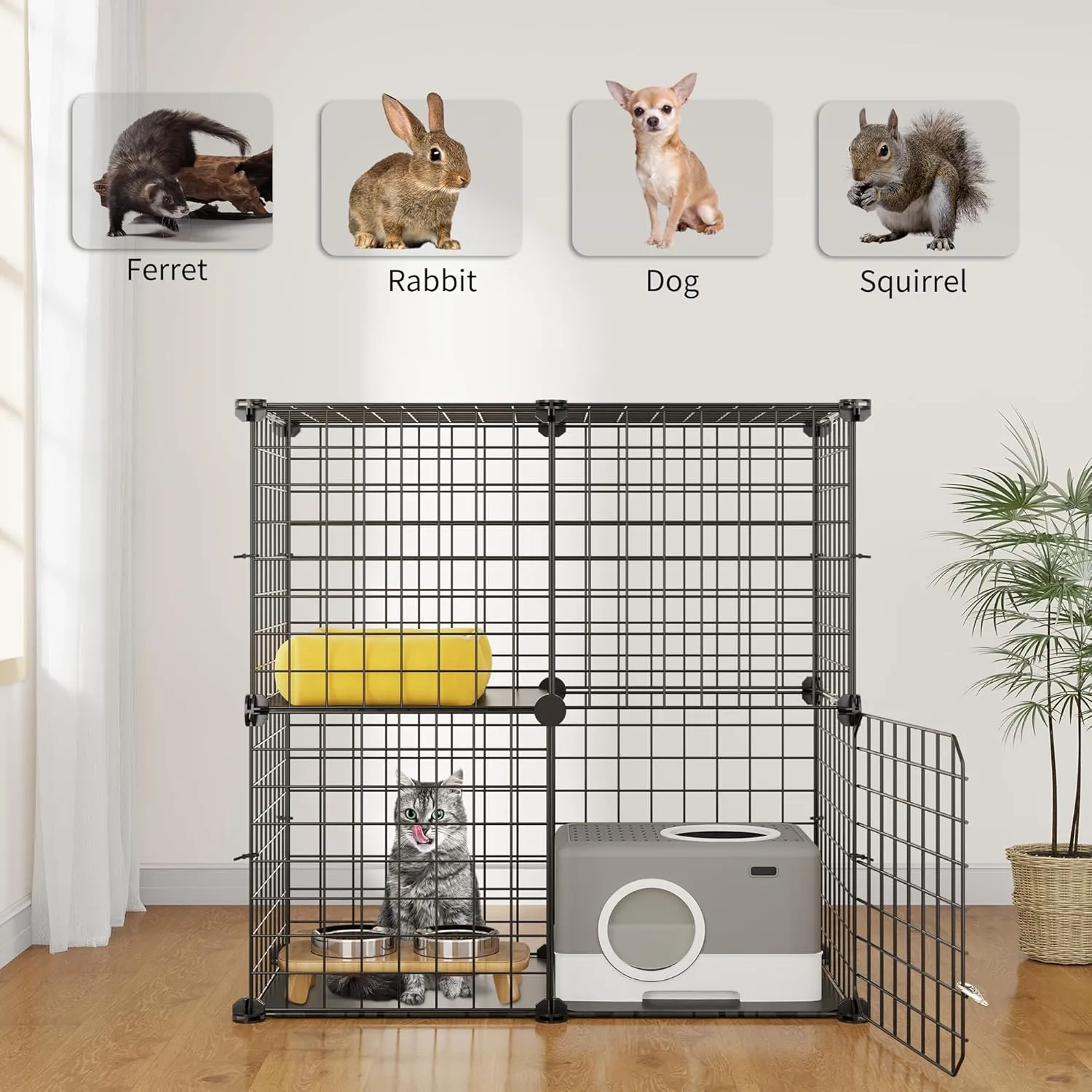 YITAHOME 2 Tier Large Indoor Cat Cage Crate, DIY Pet Playpen with Detachable Metal Wire, Kitten Kennel Condo with Ladder for Small Animals - Puppy Rabbit Bunny Squirrel, Black
