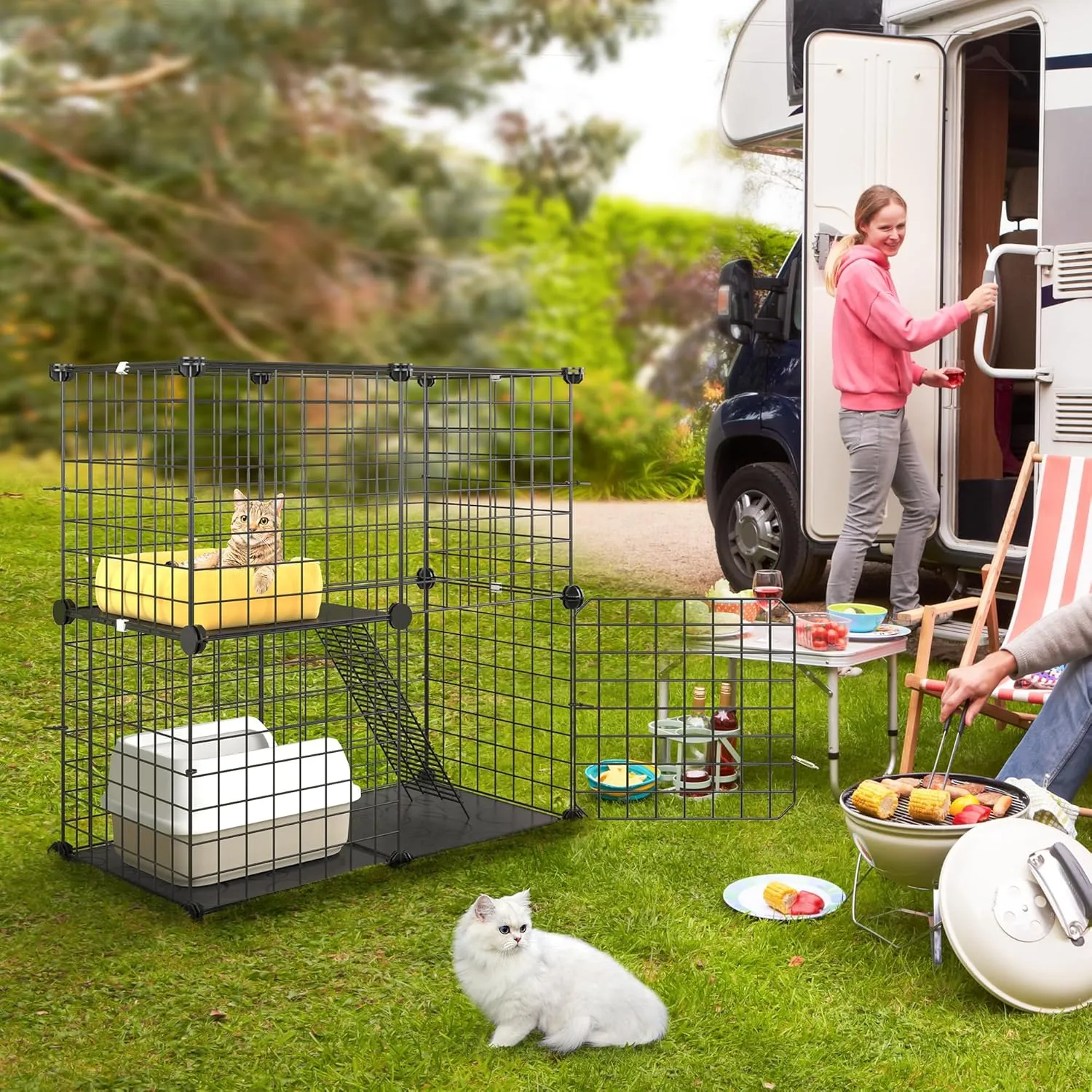 YITAHOME 2 Tier Large Indoor Cat Cage Crate, DIY Pet Playpen with Detachable Metal Wire, Kitten Kennel Condo with Ladder for Small Animals - Puppy Rabbit Bunny Squirrel, Black
